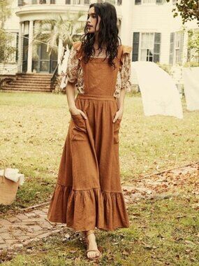 Doen • Peninsula Dress in Pumpkin orange pinafore jumper flutter sleeve silk